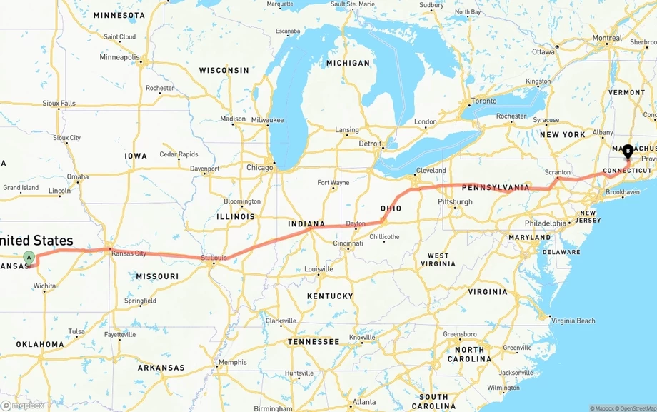 Kansas to Bradley International Airport freight shipping route map