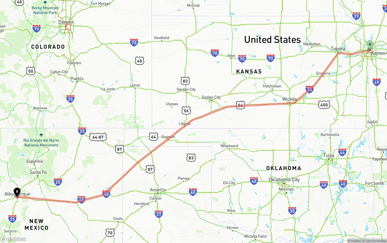 Shipping route from Kansas City to Albuquerque