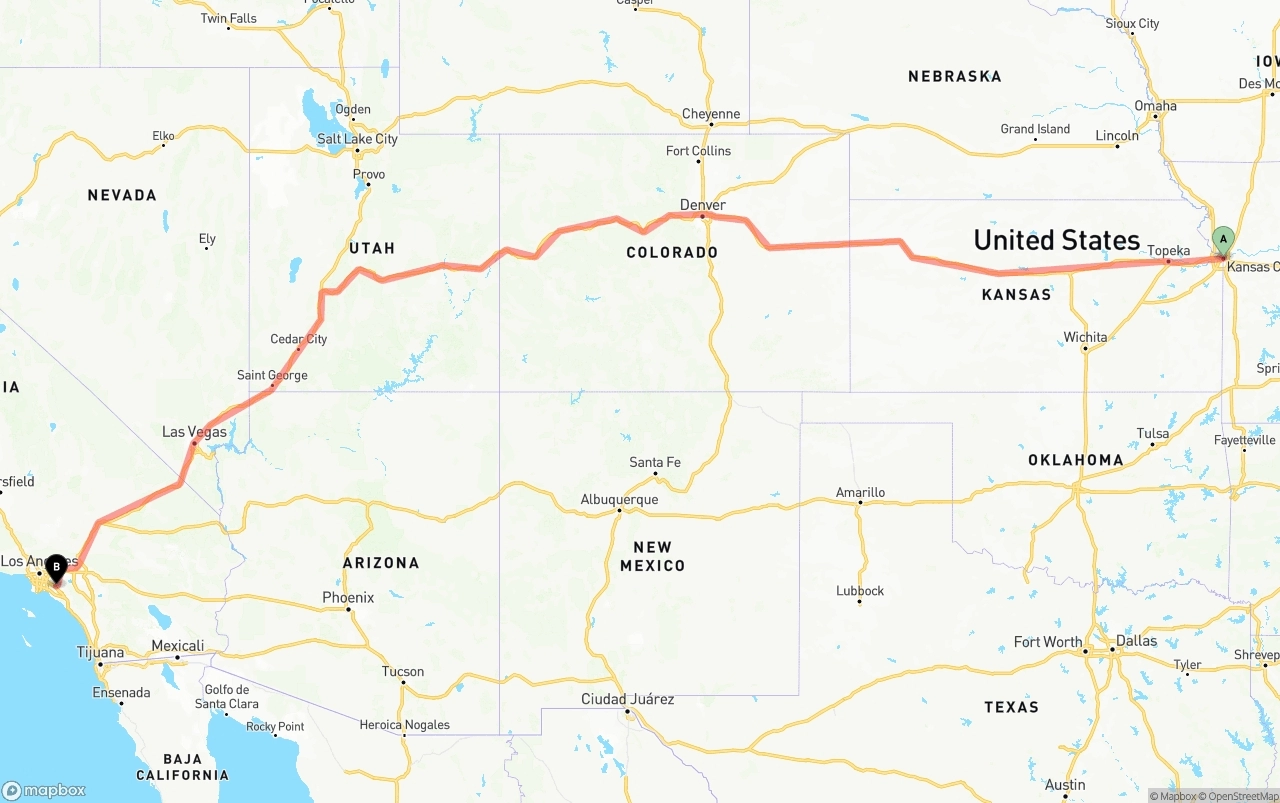 Shipping route from Kansas City to Anaheim