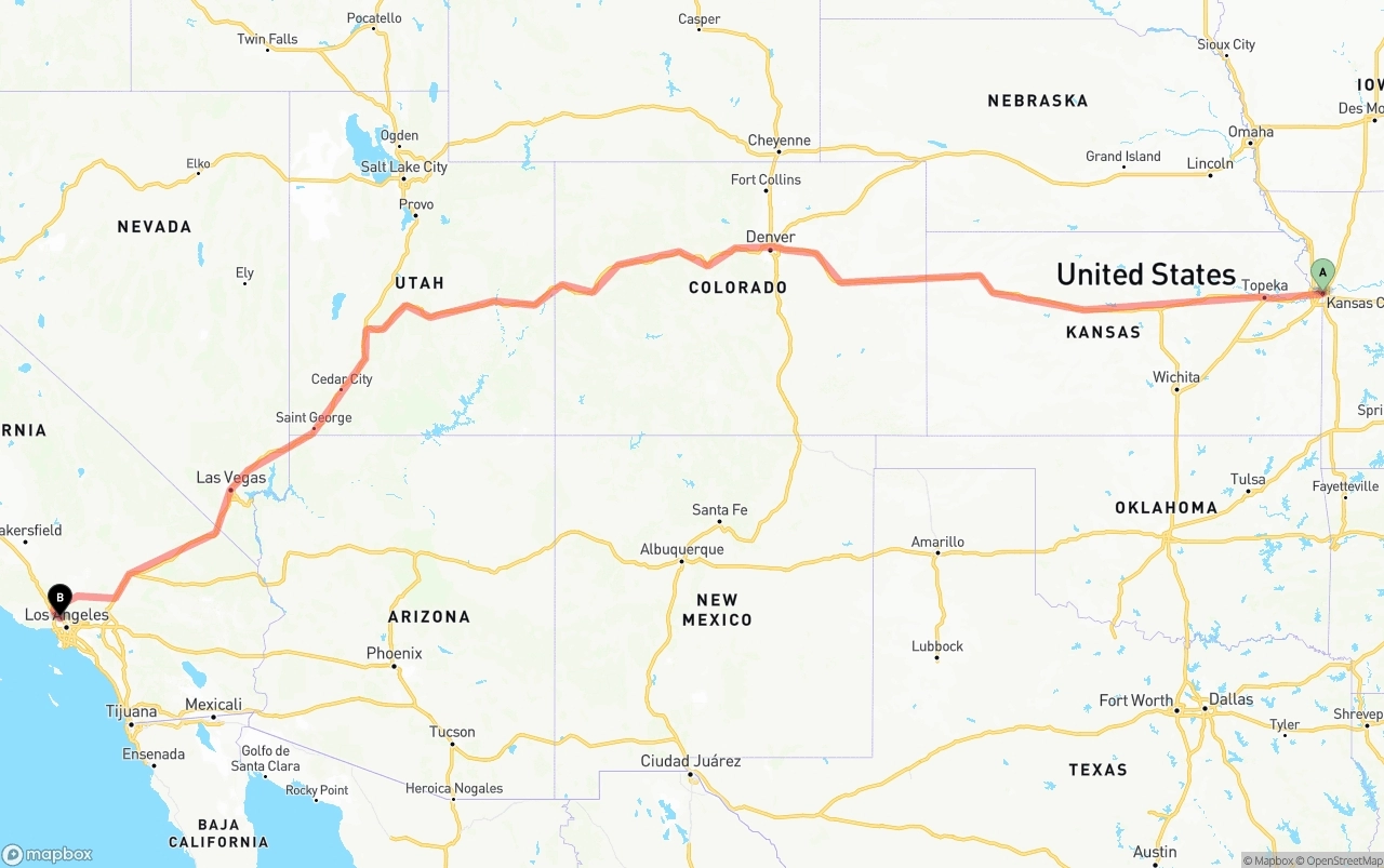 Shipping route from Kansas City to Bob Hope Airport