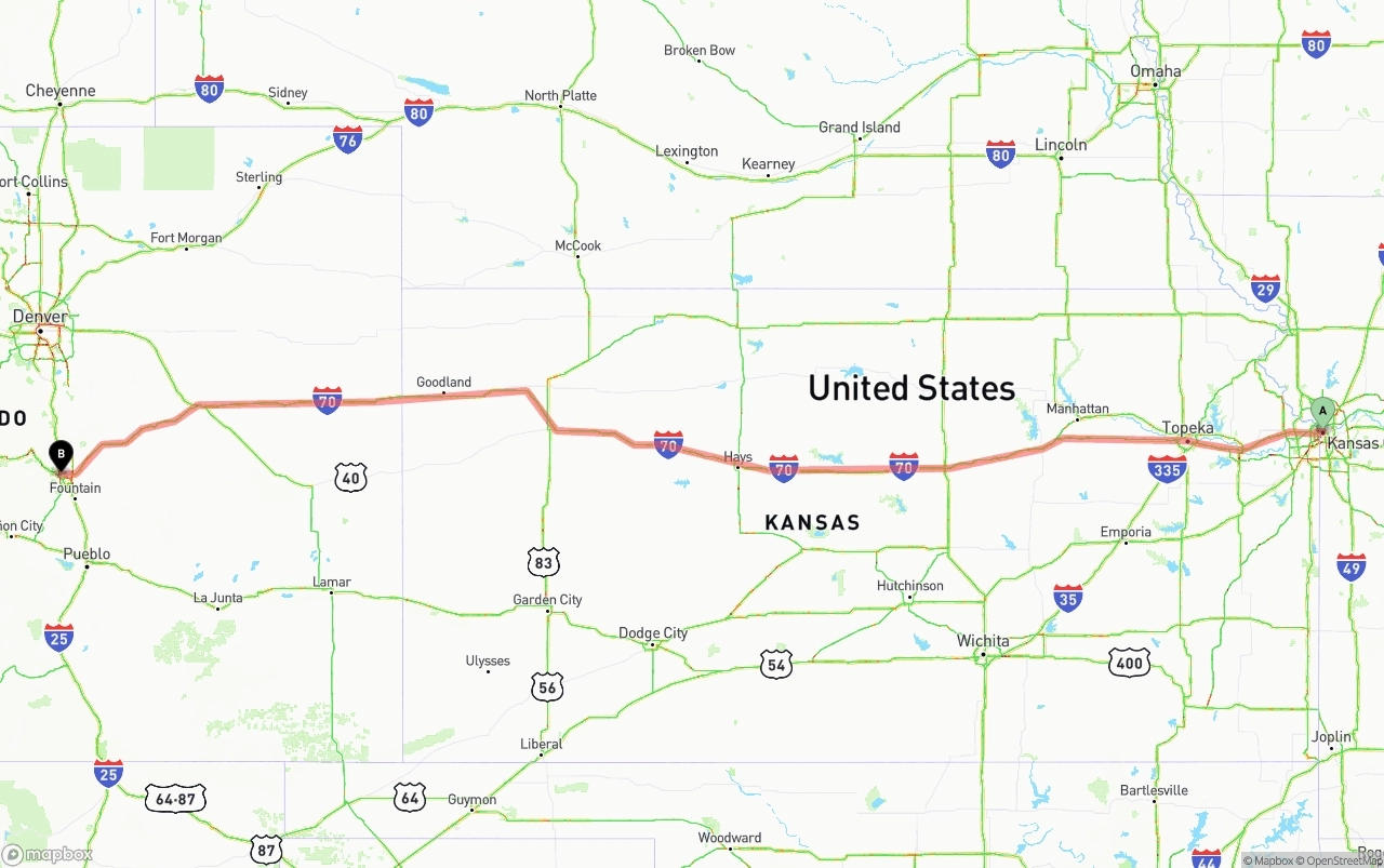 Shipping route from Kansas City to Colorado Springs