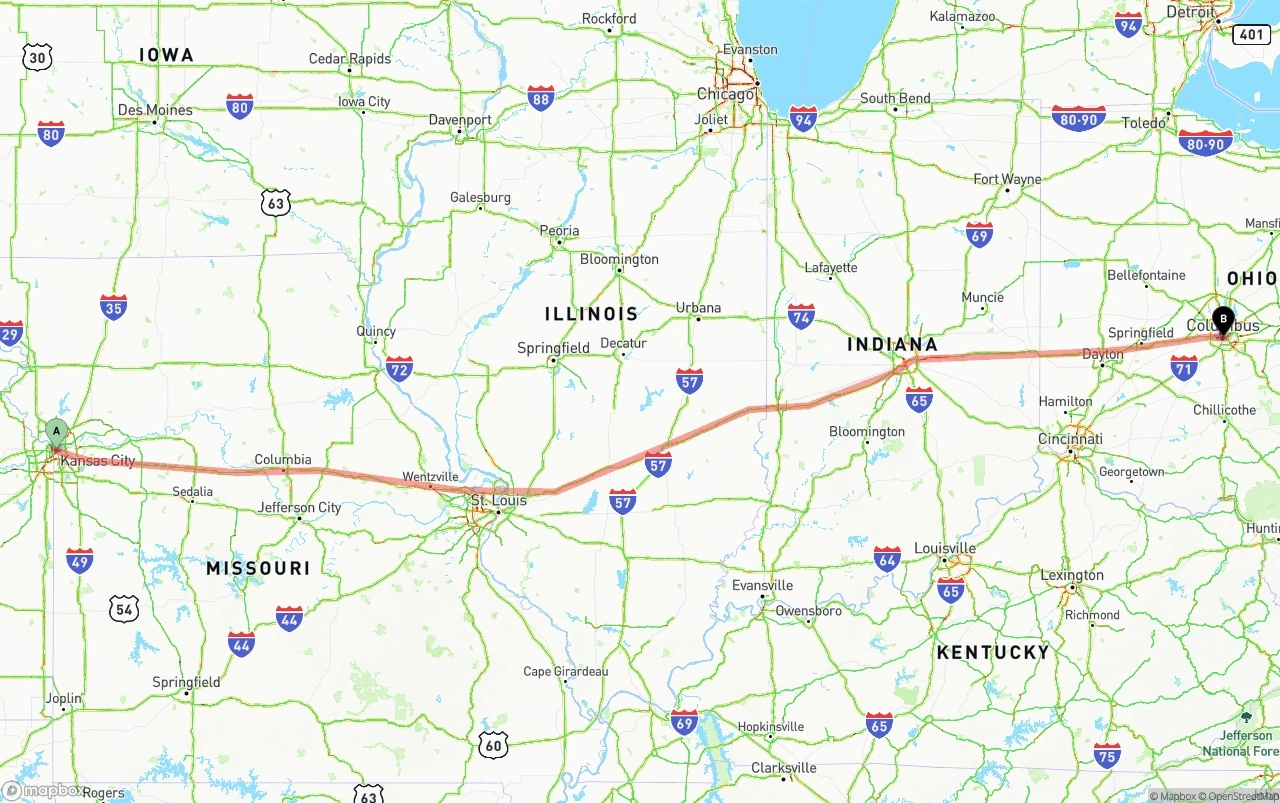 Shipping route from Kansas City to Columbus