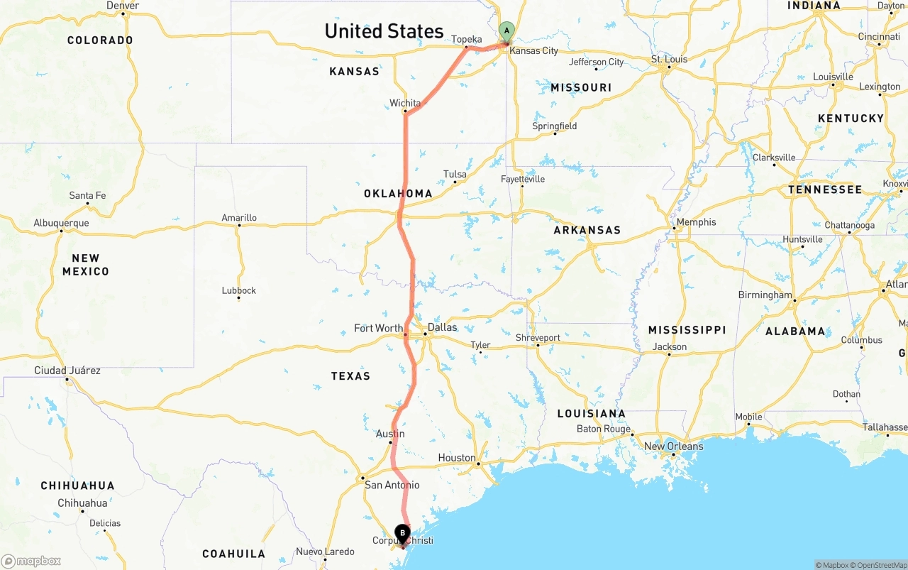 Shipping route from Kansas City to Corpus Christi