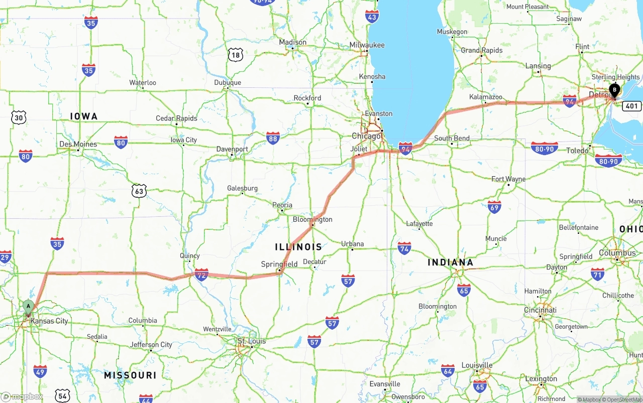 Shipping route from Kansas City to Detroit
