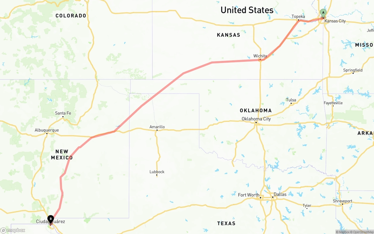 Shipping route from Kansas City to El Paso