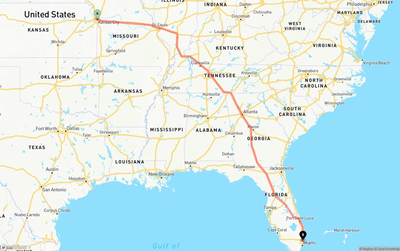 Shipping route from Kansas City to Fort Lauderdale-Hollywood International Airport