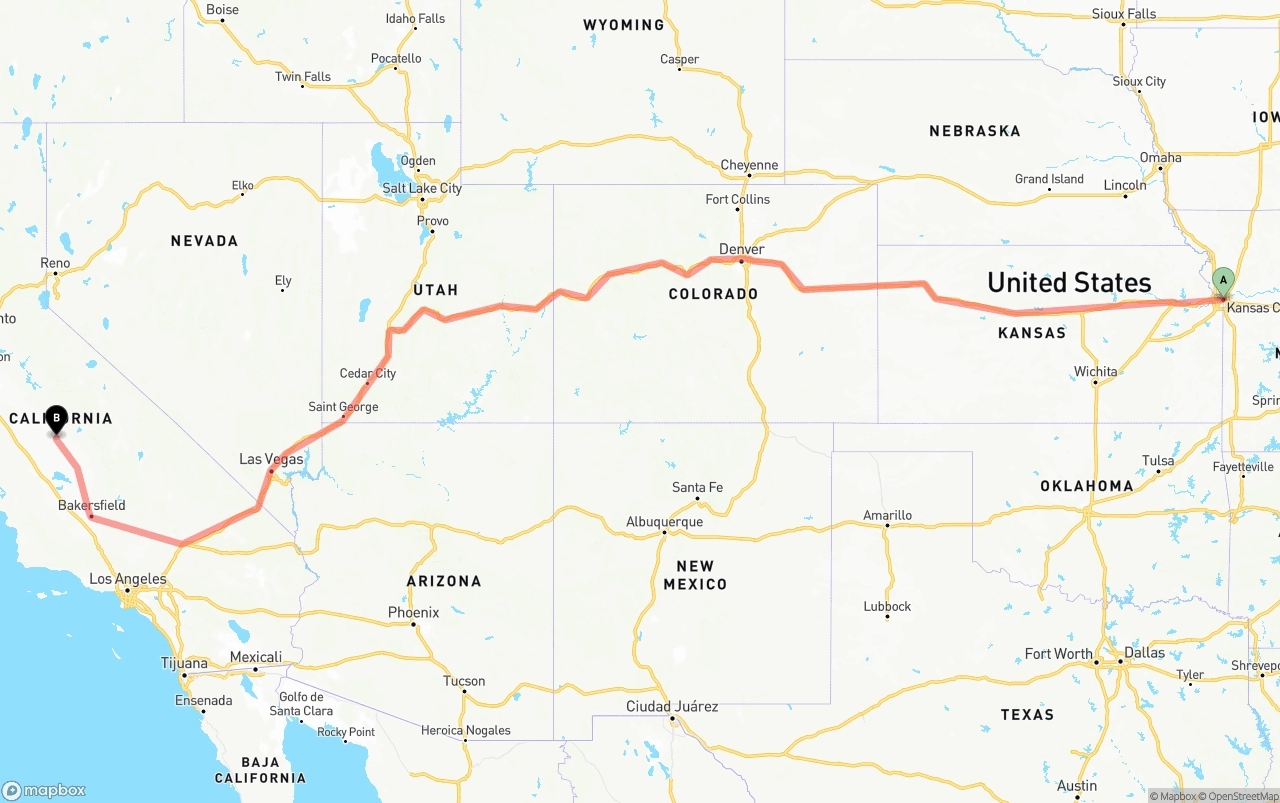 Shipping route from Kansas City to Fresno