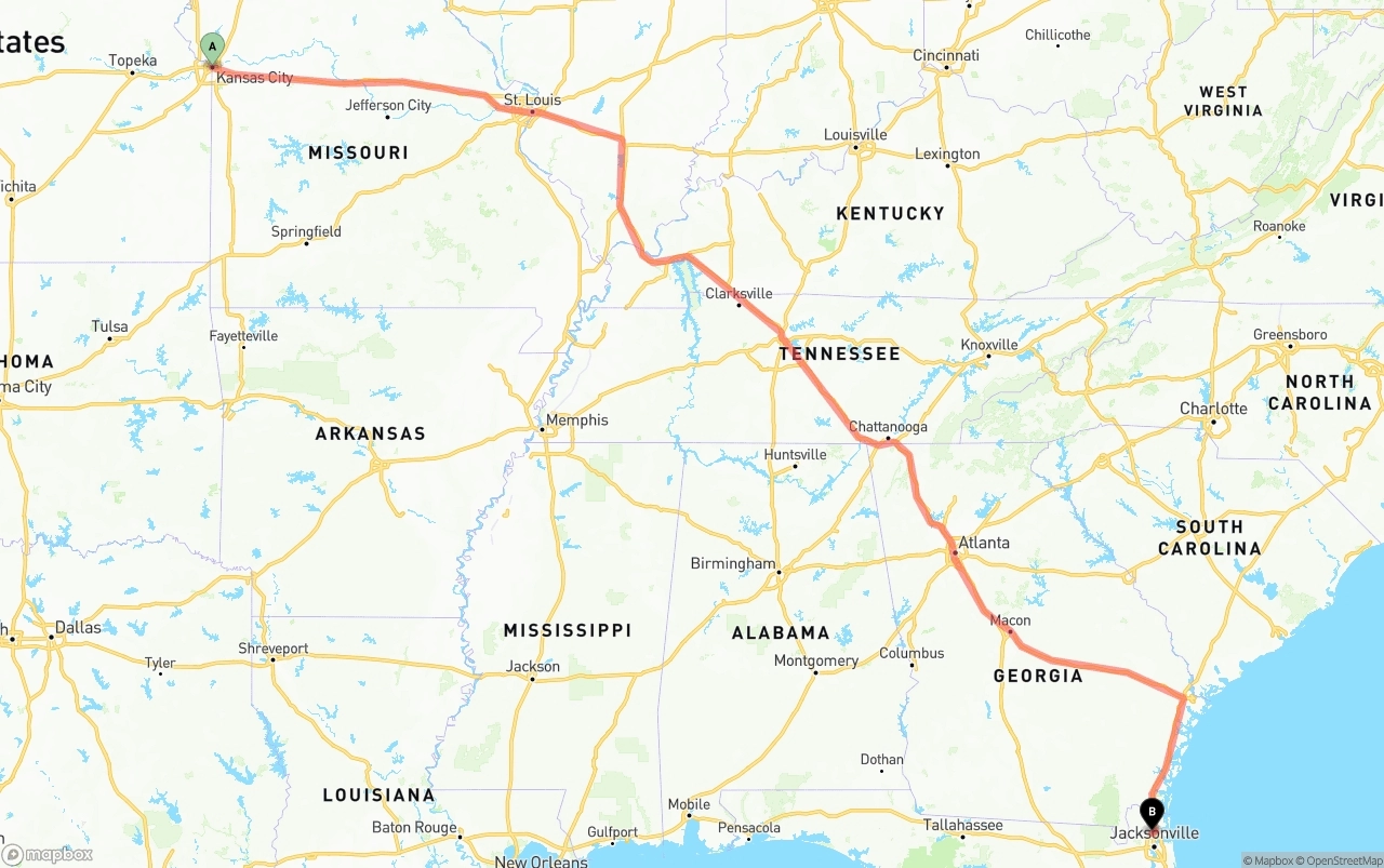 Shipping route from Kansas City to Jacksonville International Airport