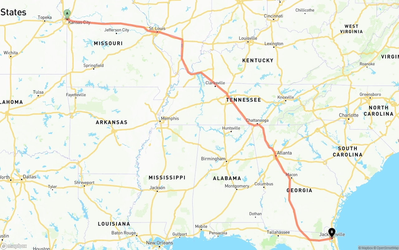 Shipping route from Kansas City to Jacksonville