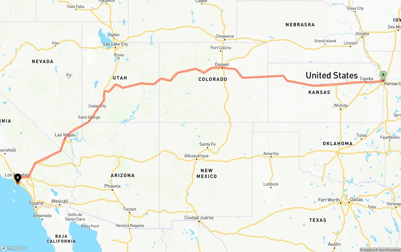 Shipping route from Kansas City to Long Beach