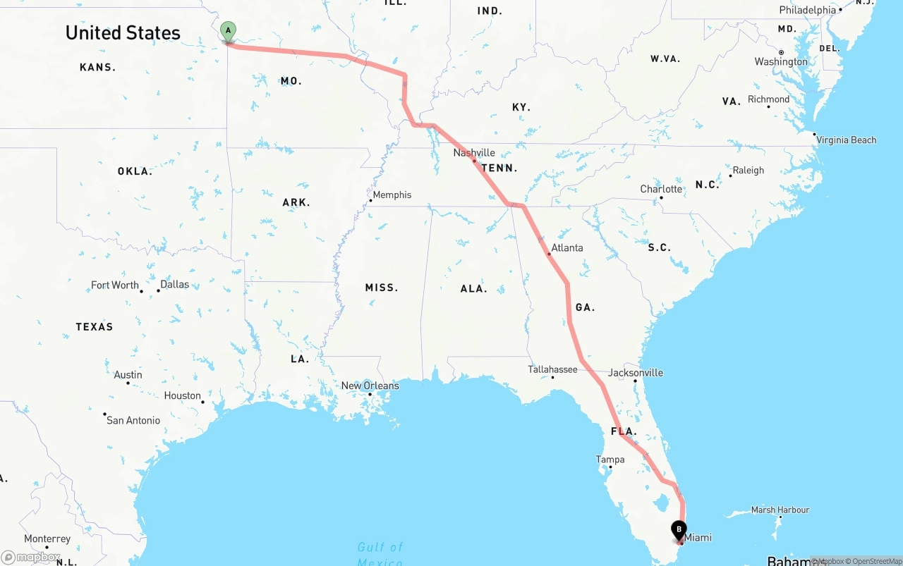 Shipping route from Kansas City to Miami International Airport