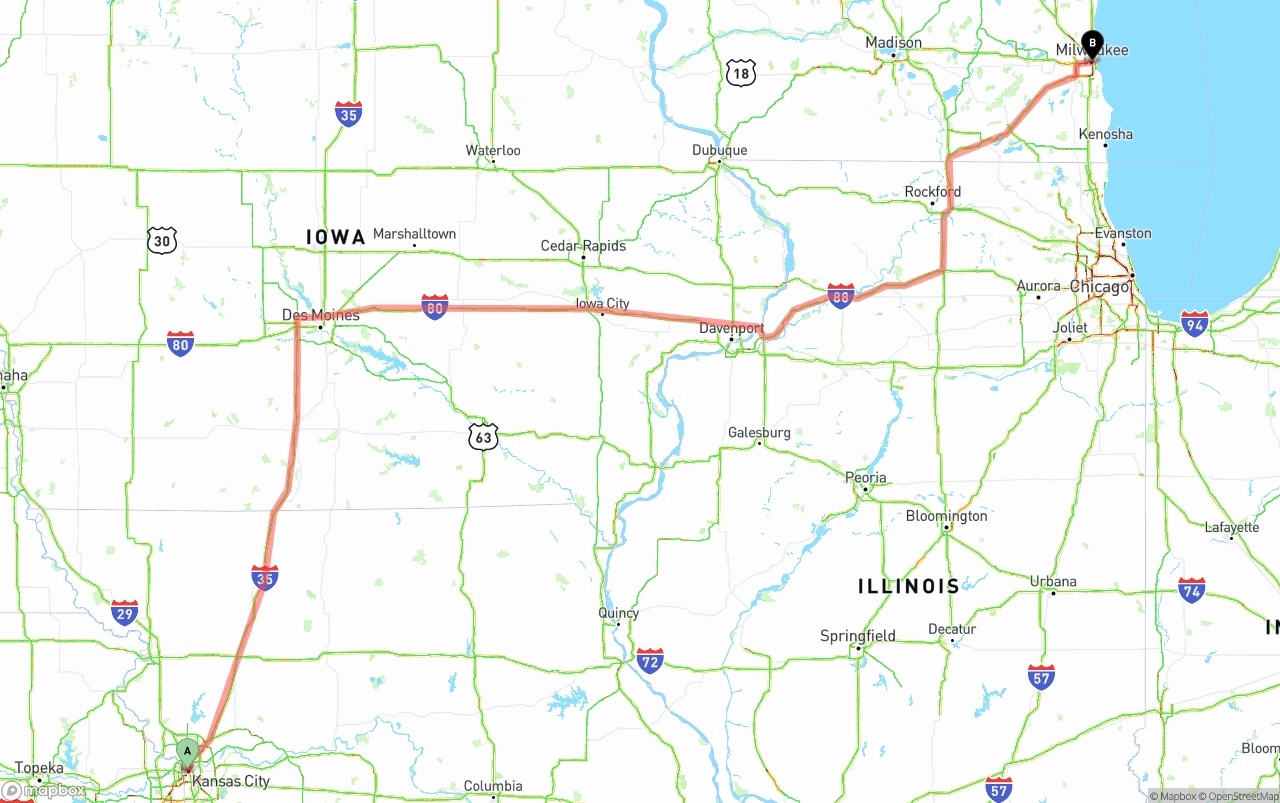 Shipping route from Kansas City to Milwaukee