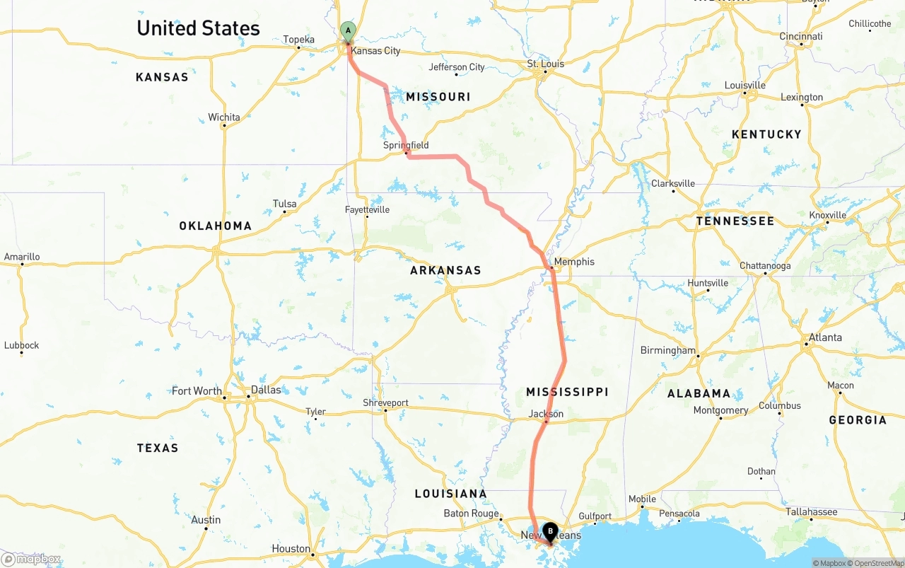 Shipping route from Kansas City to New Orleans