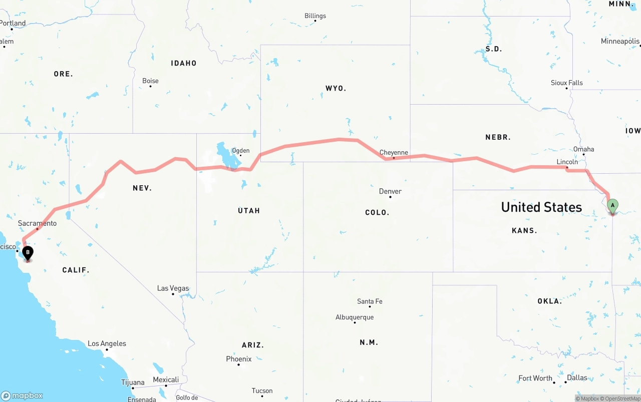 Shipping route from Kansas City to Norman Y. Mineta San Jose International Airport