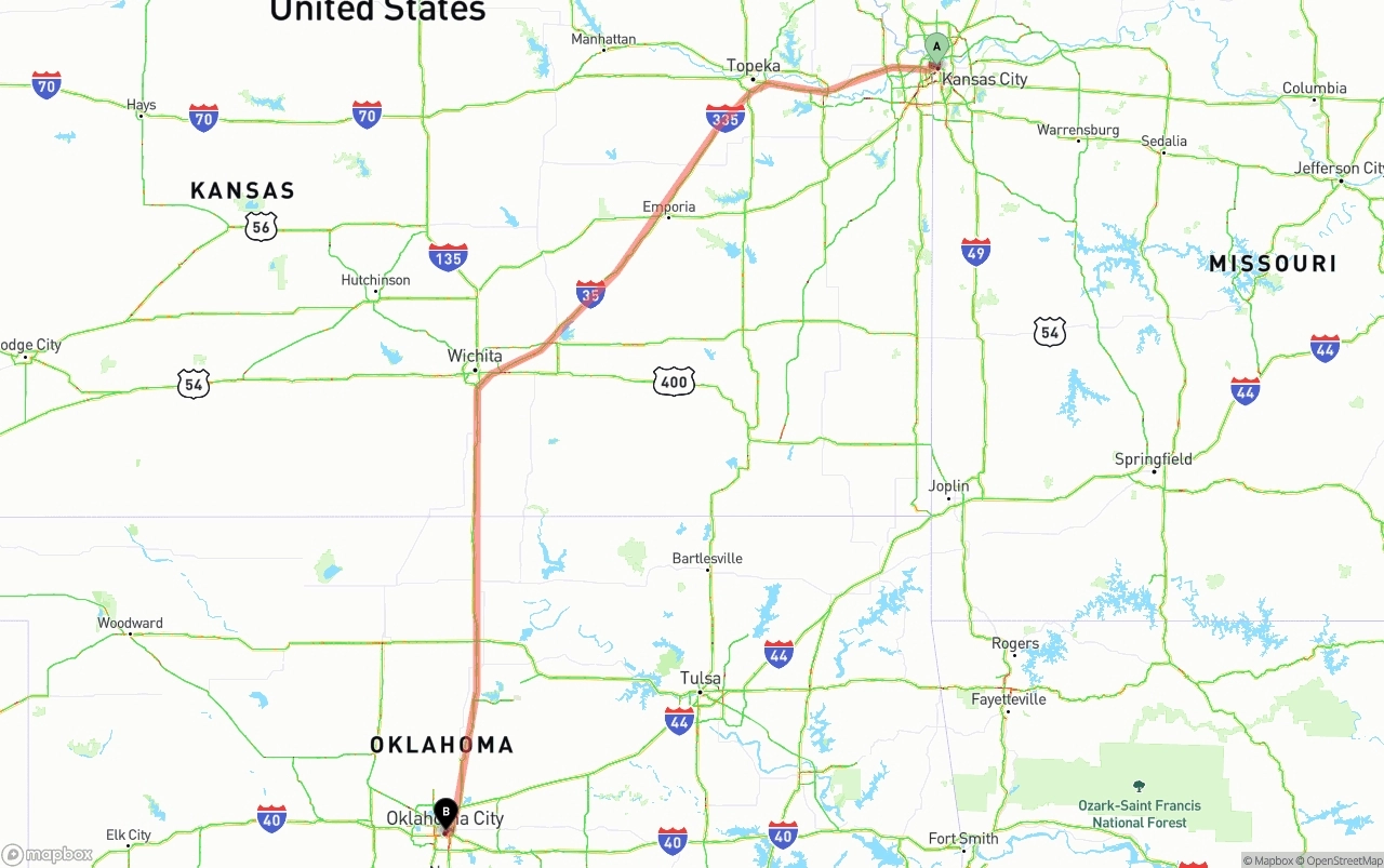 Shipping route from Kansas City to Oklahoma City