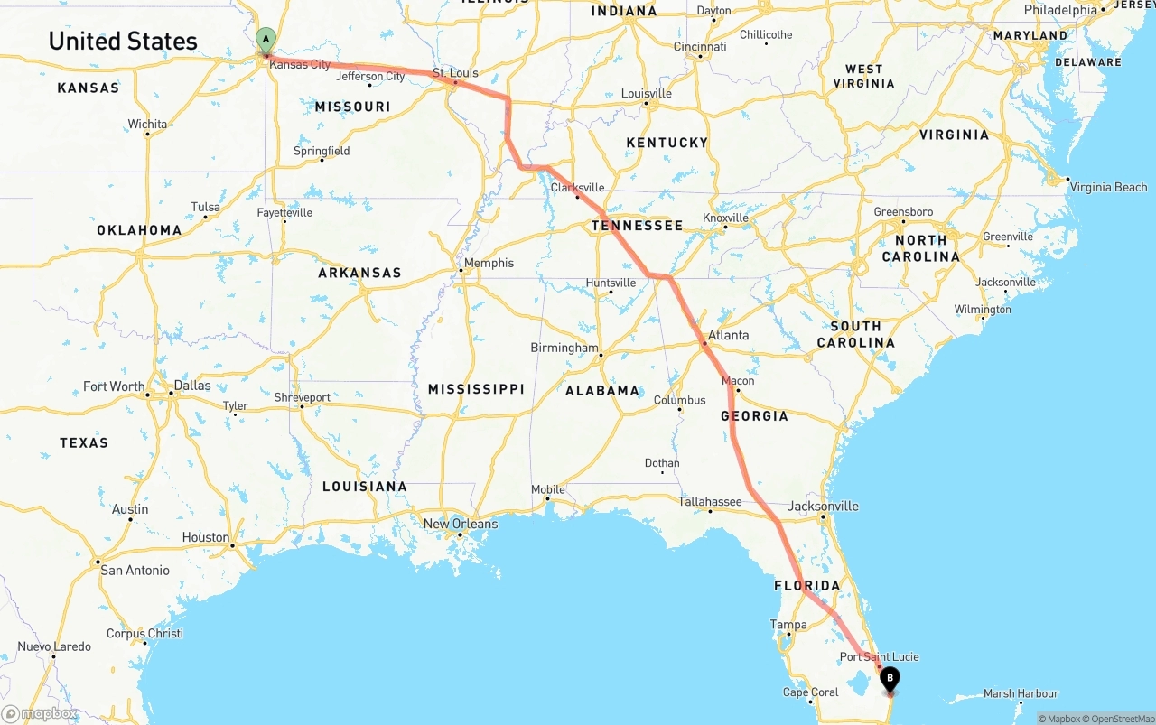 Shipping route from Kansas City to Palm Beach International Airport