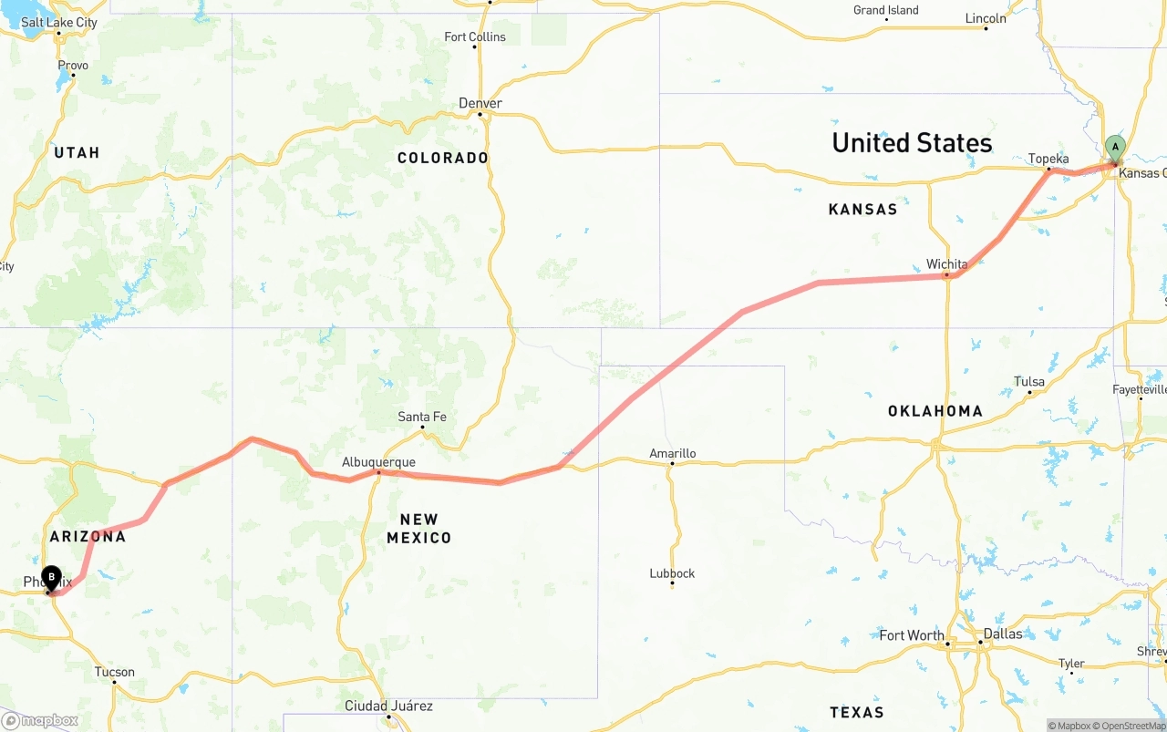 Shipping route from Kansas City to Phoenix Sky Harbor International Airport