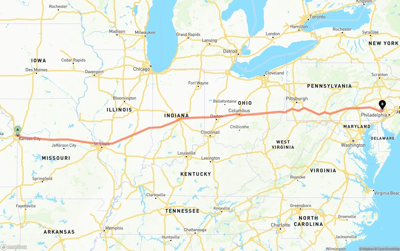 Shipping route from Kansas City to Phoenix