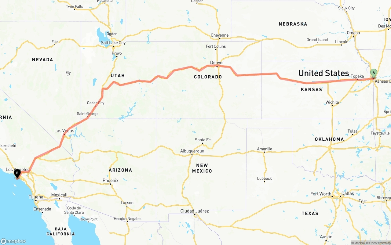 Shipping route from Kansas City to Port of Los Angeles