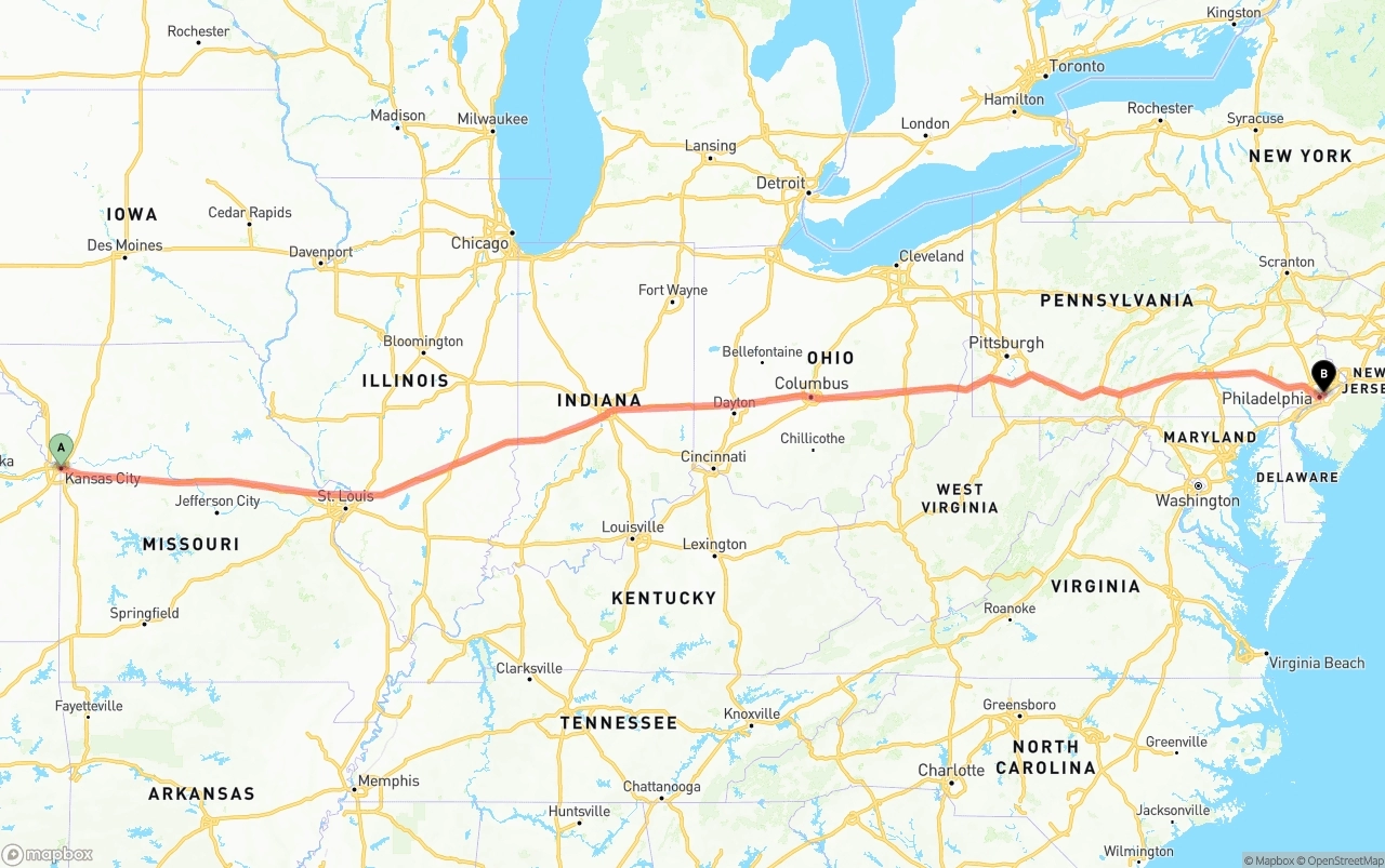 Shipping route from Kansas City to Port of Philadelphia