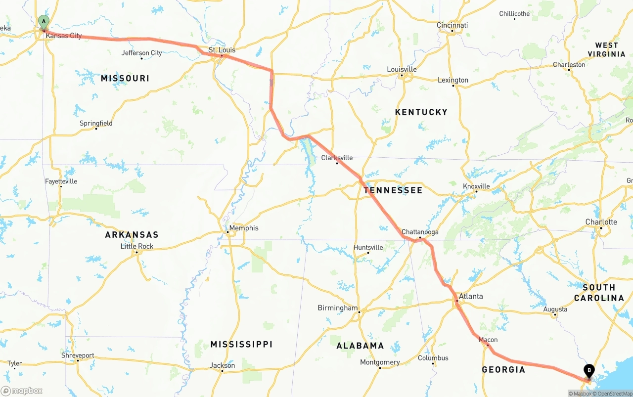 Shipping route from Kansas City to Port of Savannah