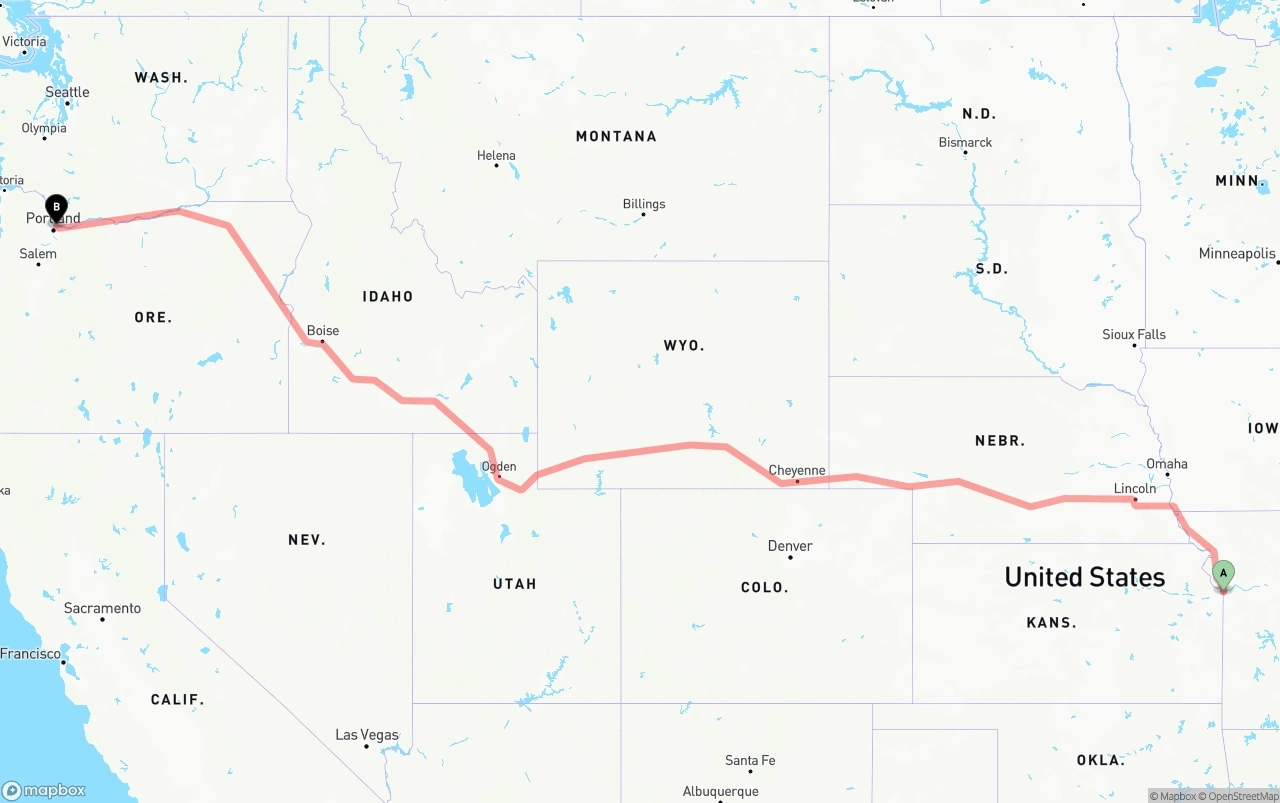 Shipping route from Kansas City to Portland International Airport