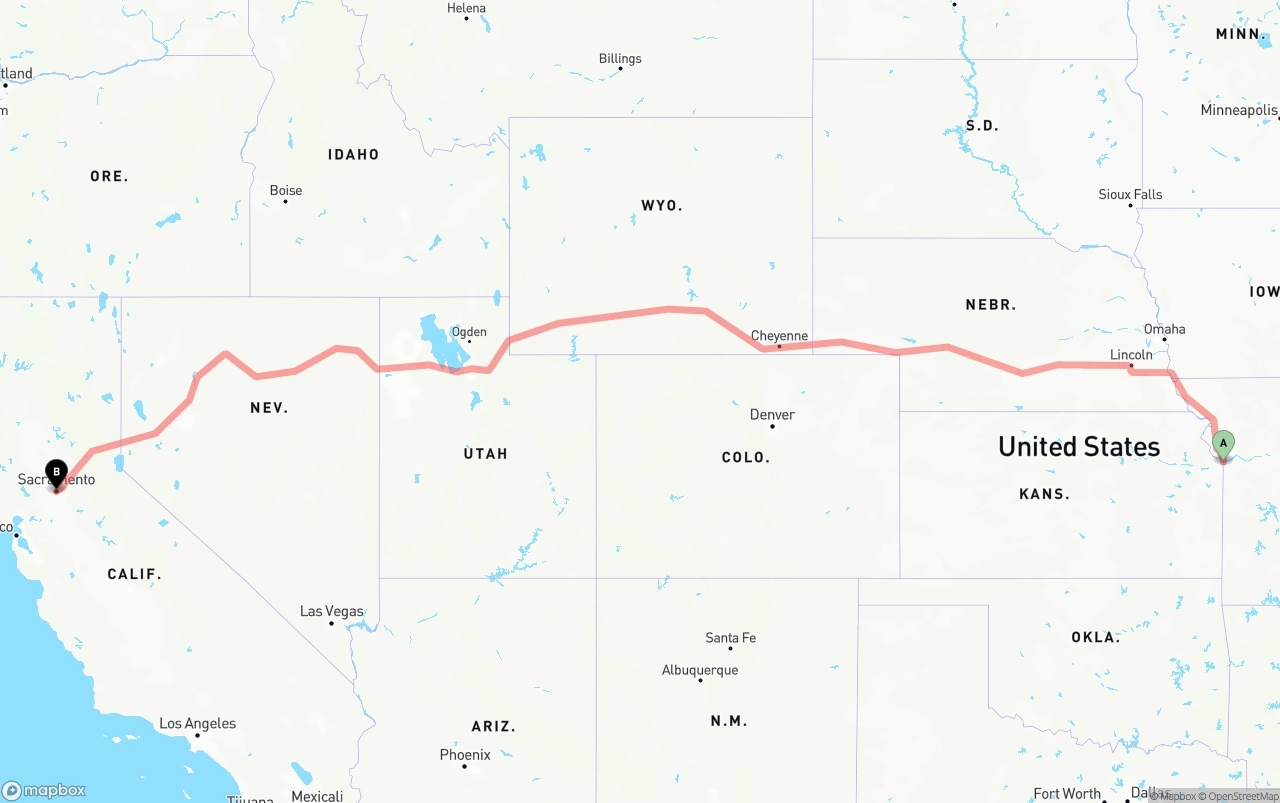 Shipping route from Kansas City to Sacramento