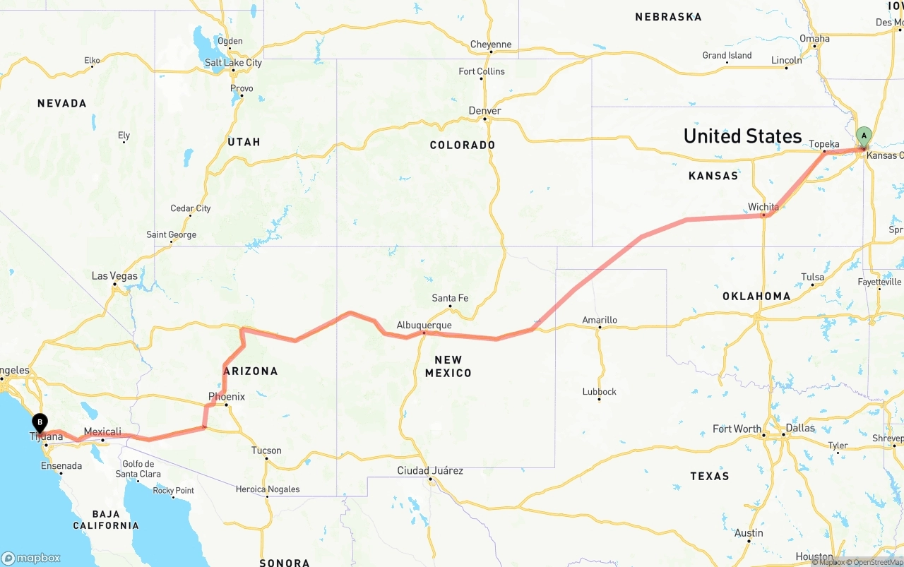 Shipping route from Kansas City to San Diego International Airport