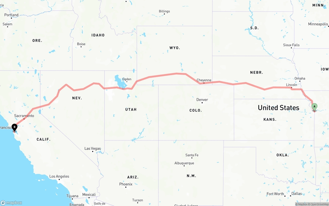 Shipping route from Kansas City to San Francisco International Airport