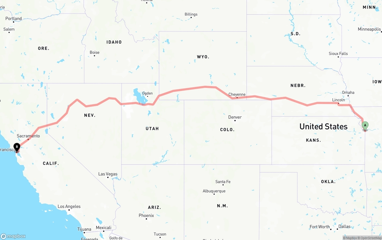 Shipping route from Kansas City to San Francisco