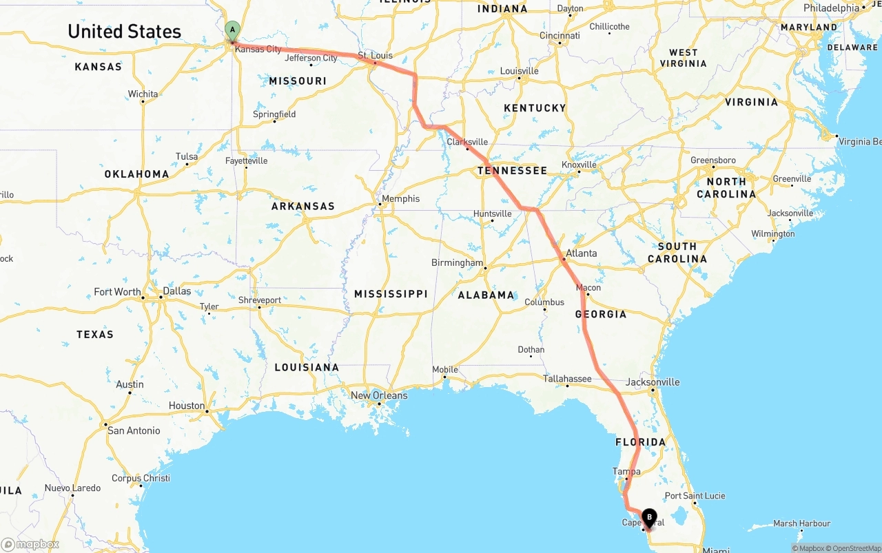 Shipping route from Kansas City to Southwest Florida International Airport