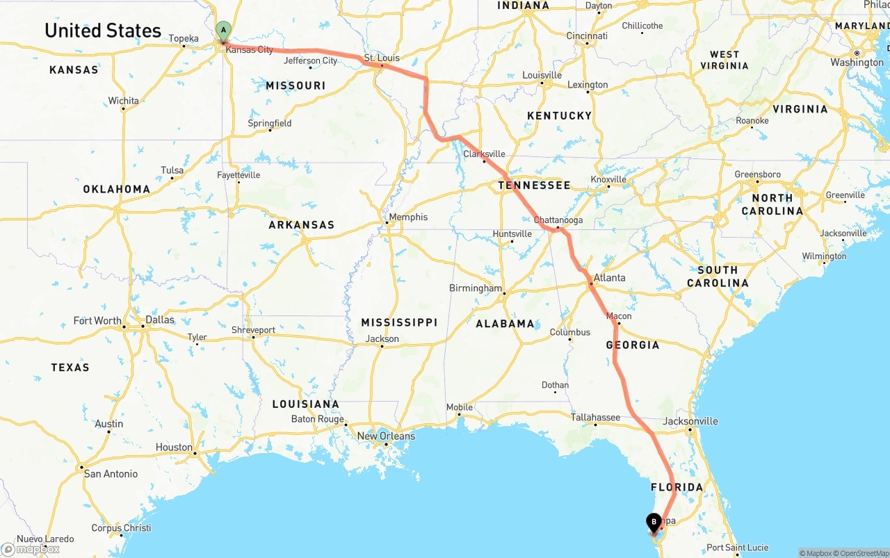 Shipping route from Kansas City to St. Petersburg