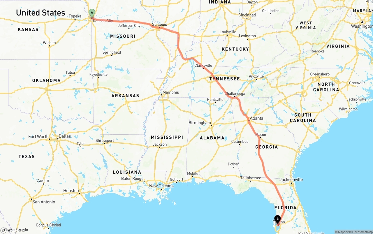 Shipping route from Kansas City to Tampa International Airport