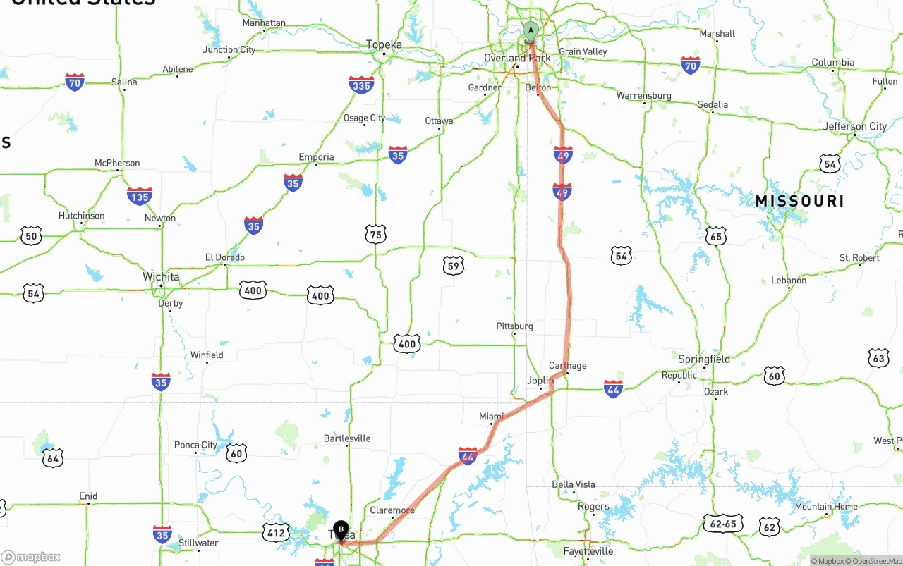 Shipping route from Kansas City to Tulsa