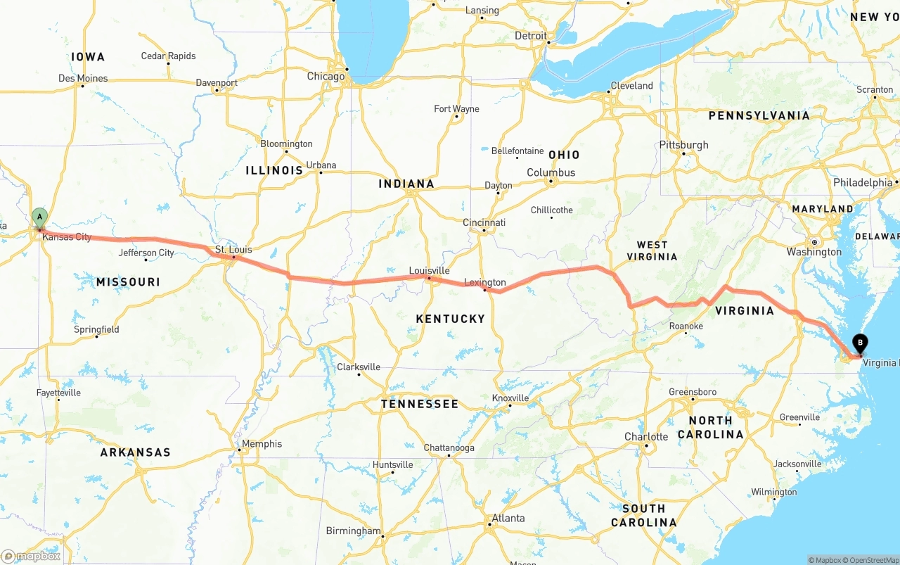 Shipping route from Kansas City to Virginia Beach