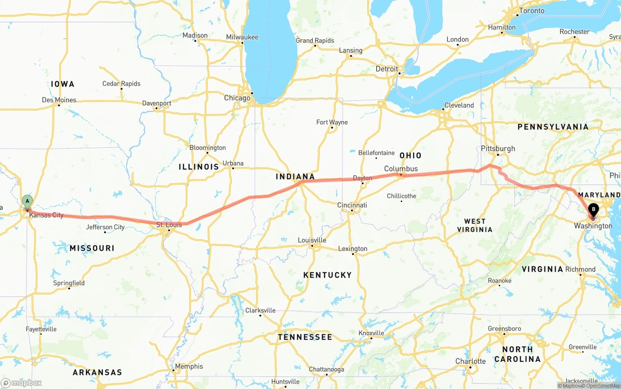 Shipping route from Kansas City to Washington D.C.