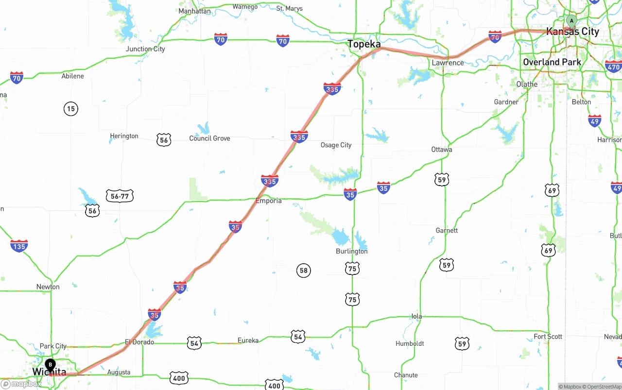Shipping route from Kansas City to Wichita