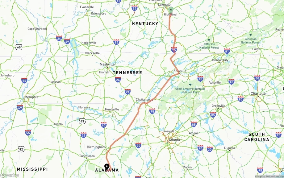 Kentucky to Alabama freight shipping route map