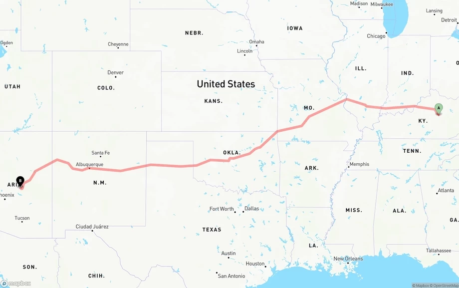 Kentucky to Arizona freight shipping route map