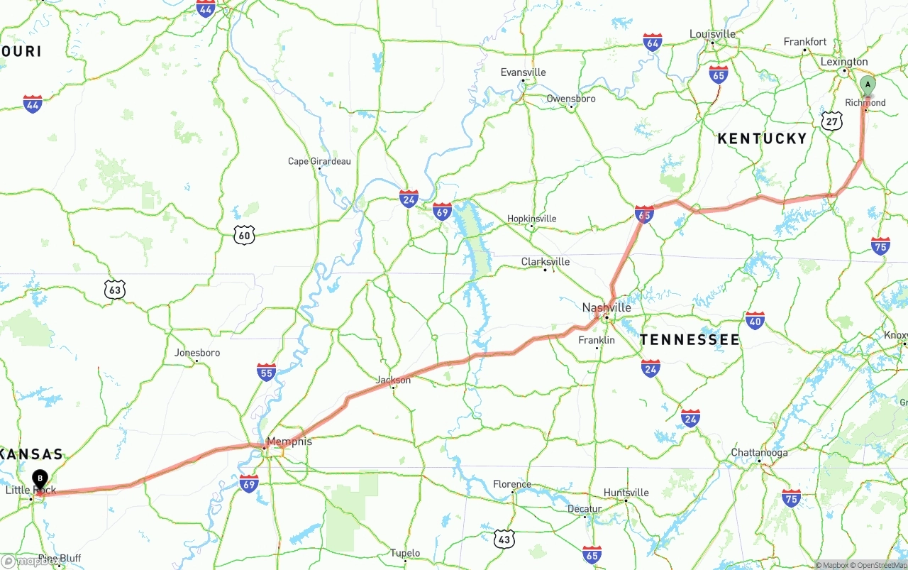 Shipping route from Kentucky to Arkansas