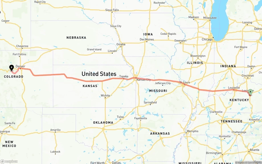 Kentucky to Colorado freight shipping route map