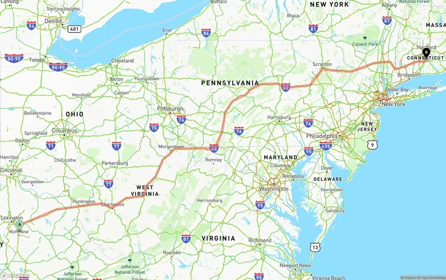 Kentucky to Connecticut freight shipping route map