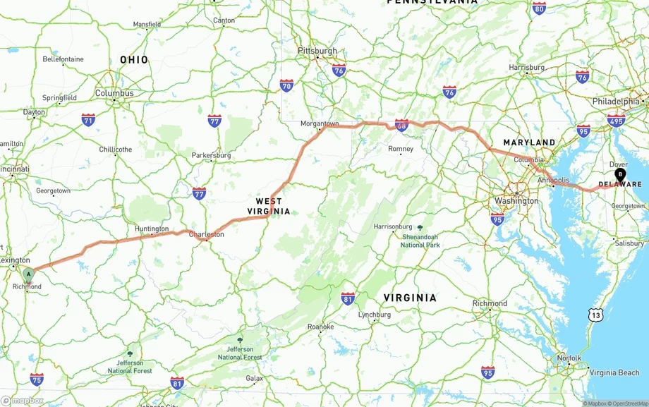Kentucky to Delaware freight shipping route map