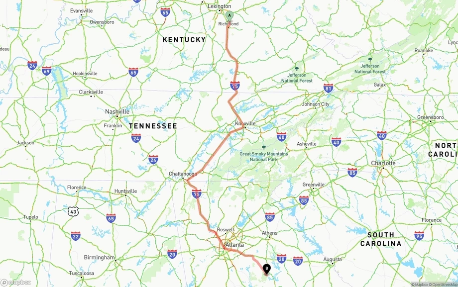 Kentucky to Georgia freight shipping route map