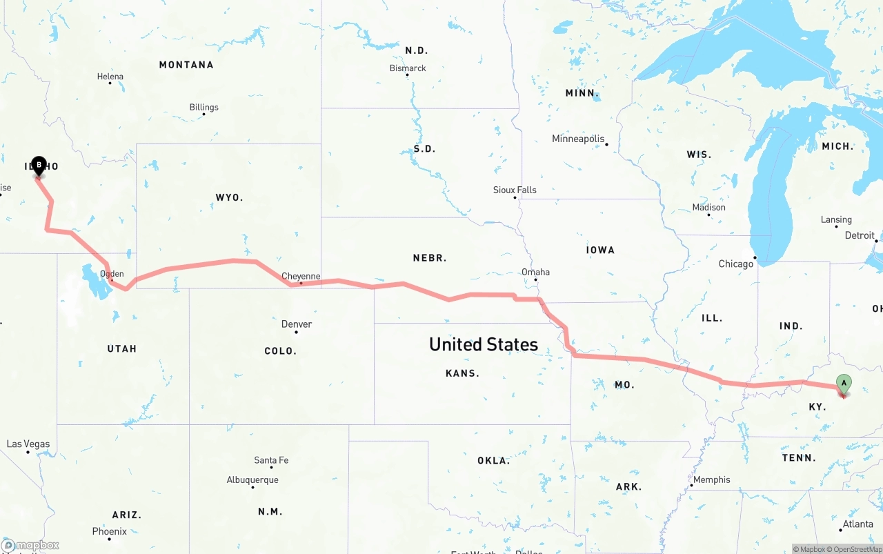 Shipping route from Kentucky to Idaho
