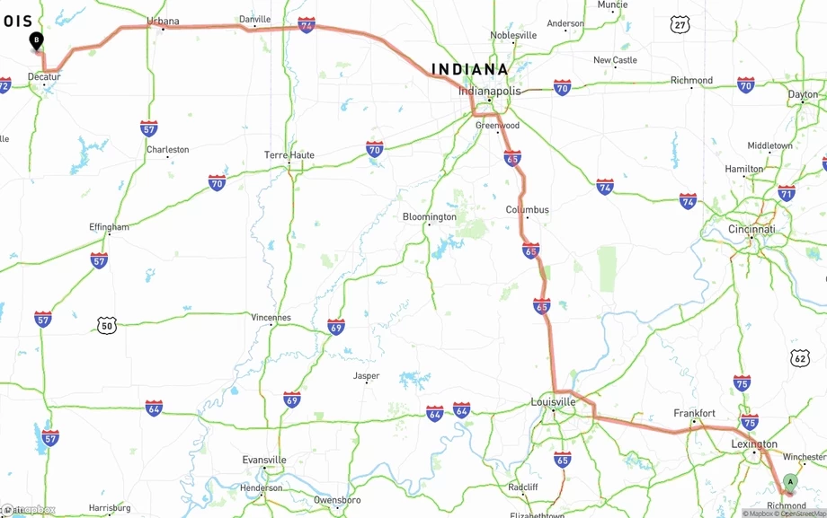 Kentucky to Illinois freight shipping route map