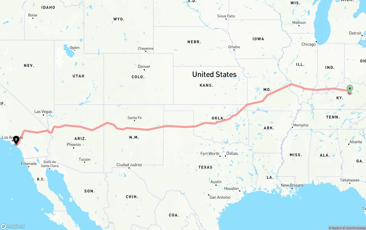 Shipping route from Kentucky to John Wayne Airport — Orange County