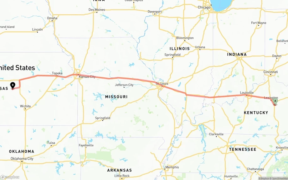Kentucky to Kansas freight shipping route map