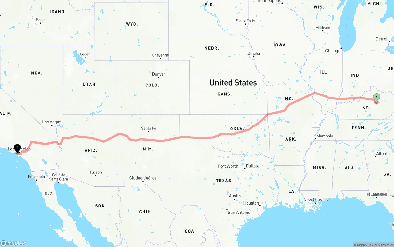 Shipping route from Kentucky to Los Angeles International Airport