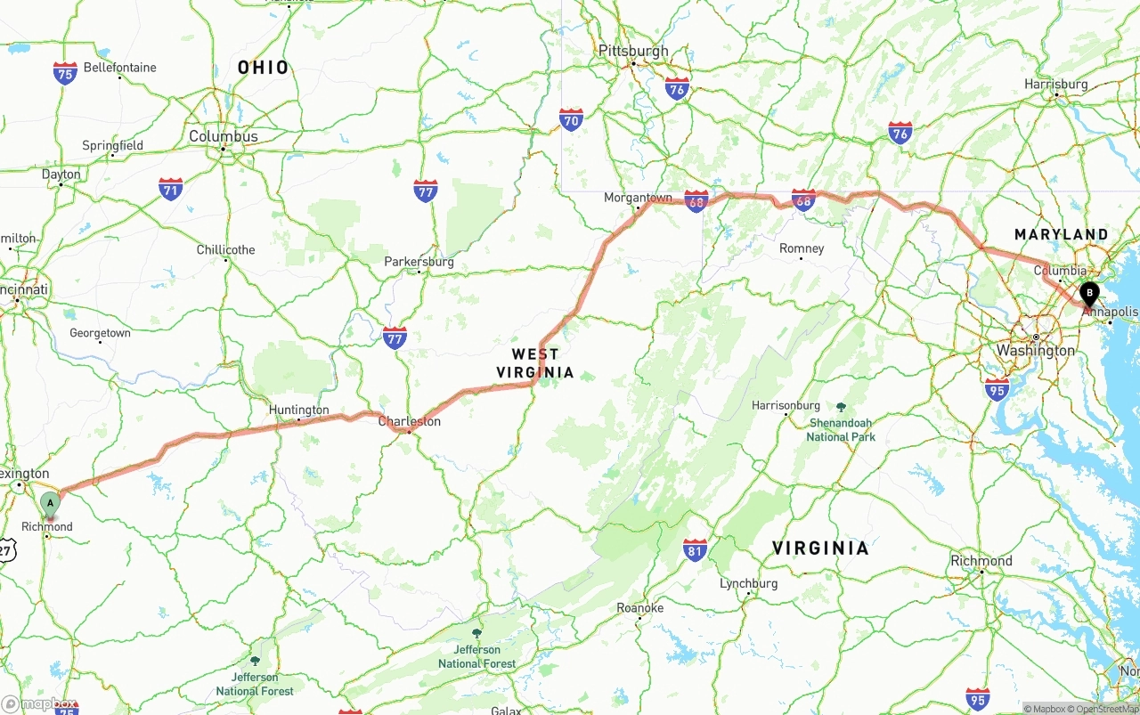 Shipping route from Kentucky to Maryland